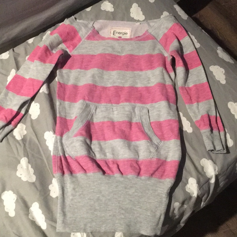 Gray and pink striped comfy off shoulder tunic
